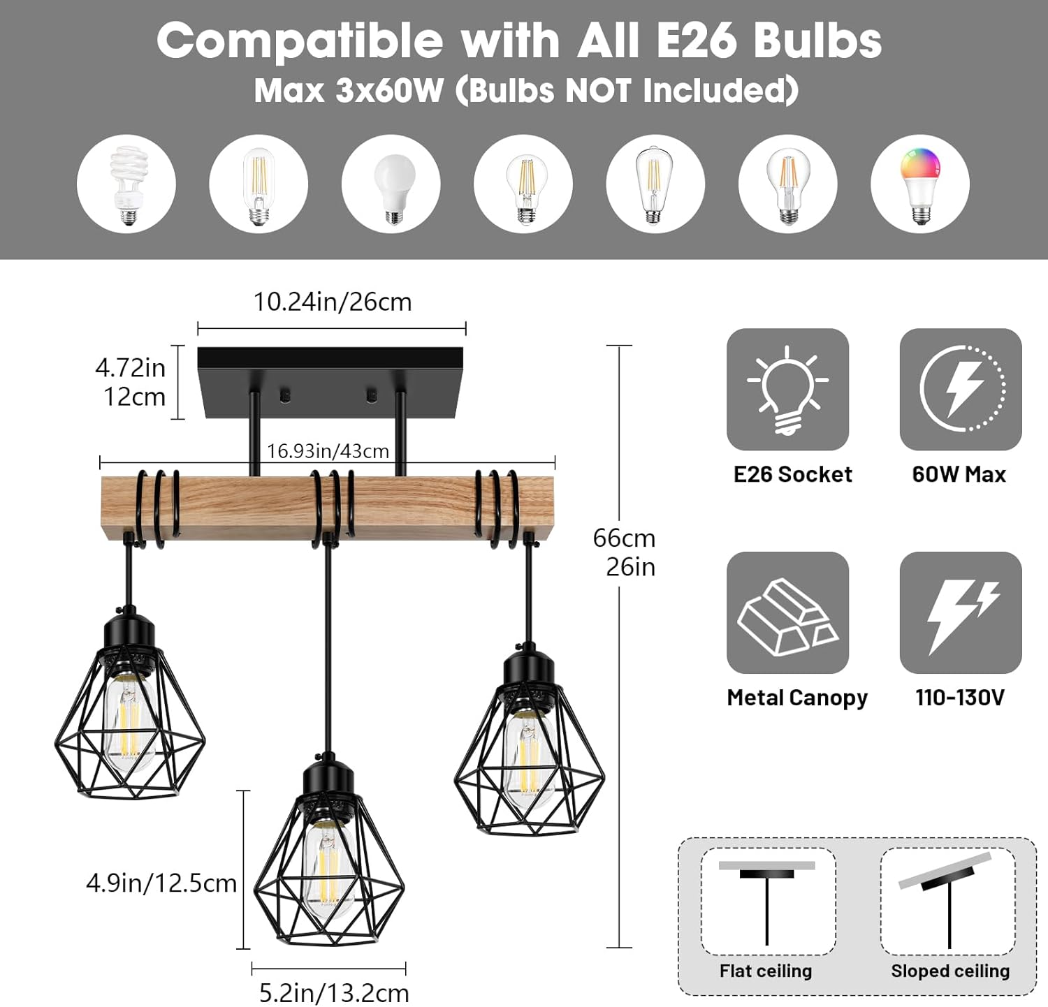 3-Lights Farmhouse Dining Room Pendant Light Fixtures Over Table, Rustic Solid Wood Kitchen Island Lighting Hanging with Metal Shades, Modern Black Ceiling Pendant Lamp for Living Room Hallway